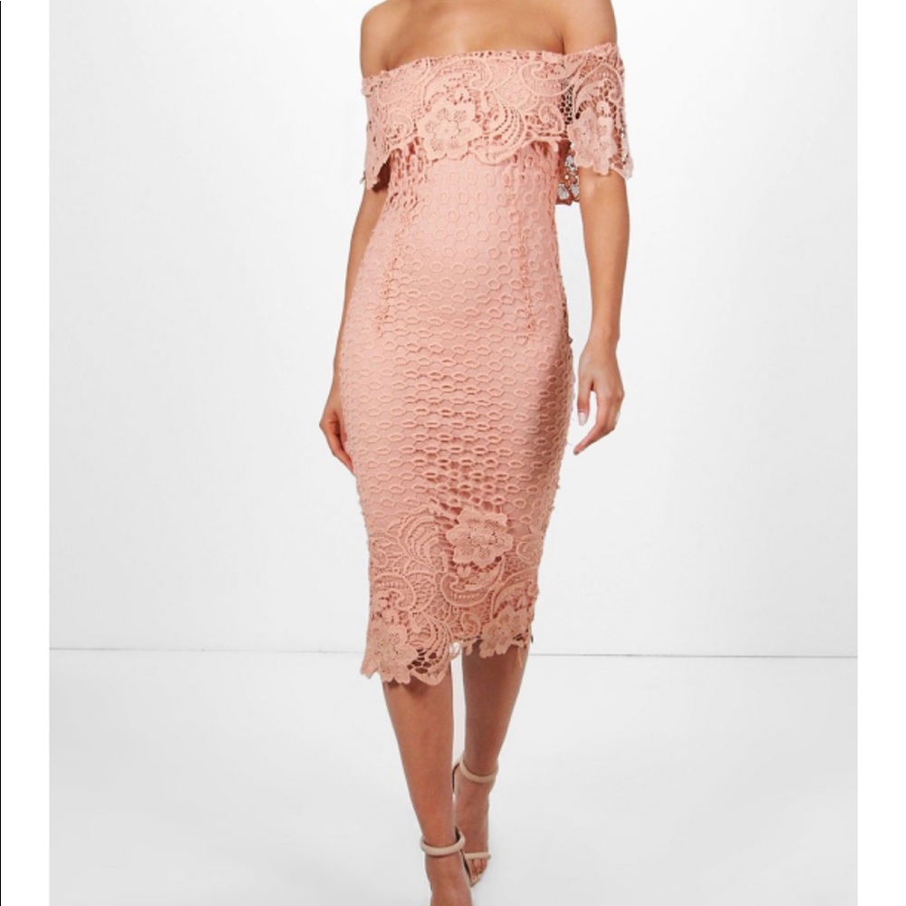 Pink / Blush Lace Midi Fitted / Bodycon Dress